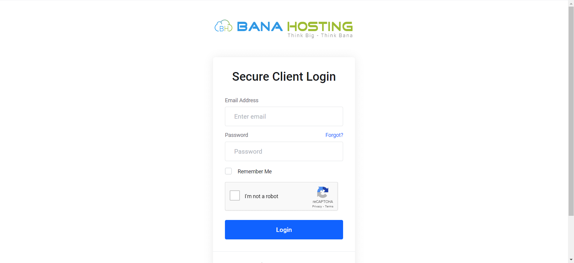 Pantalla de inicio de sesión de Banahosting