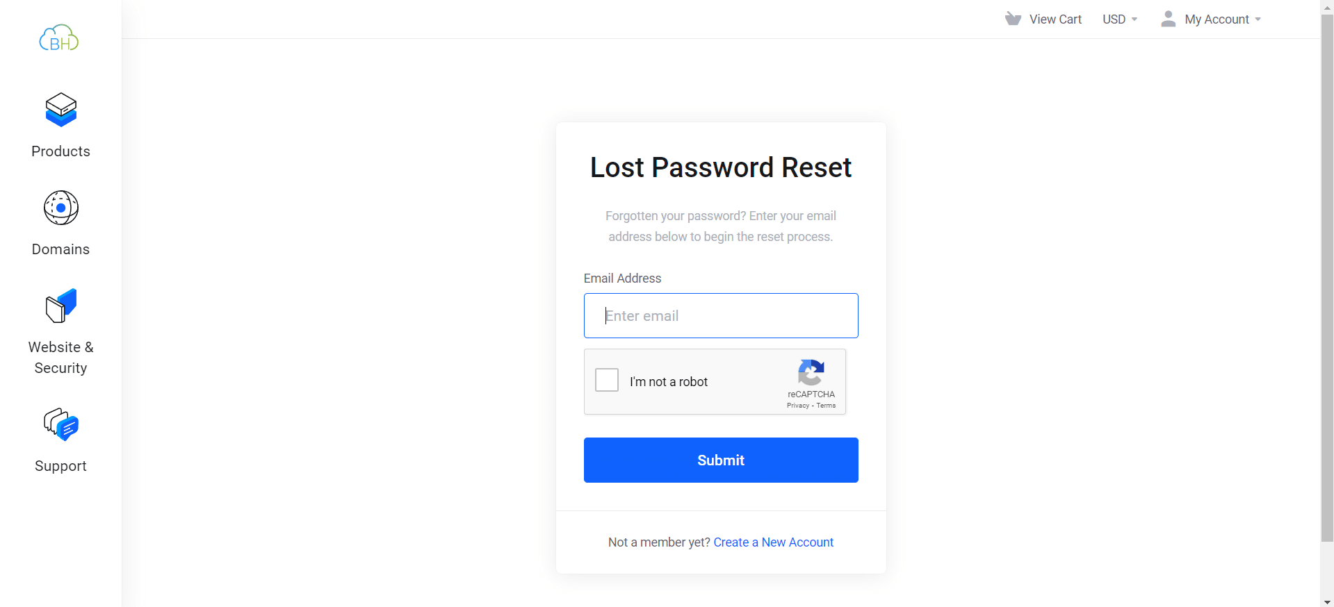 Pantalla de recuperación de contraseña de Banahosting