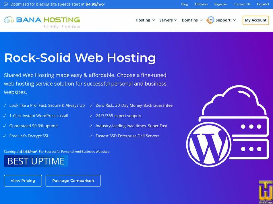 Página de inicio de Bana Hosting que presenta servicios de alojamiento web compartido, destacando características como instalación de WordPress en un clic, garantía de devolución de dinero de 30 días, soporte experto 24/7, 99.9% de tiempo de actividad garantizado y servidores Dell SSD de alta velocidad.