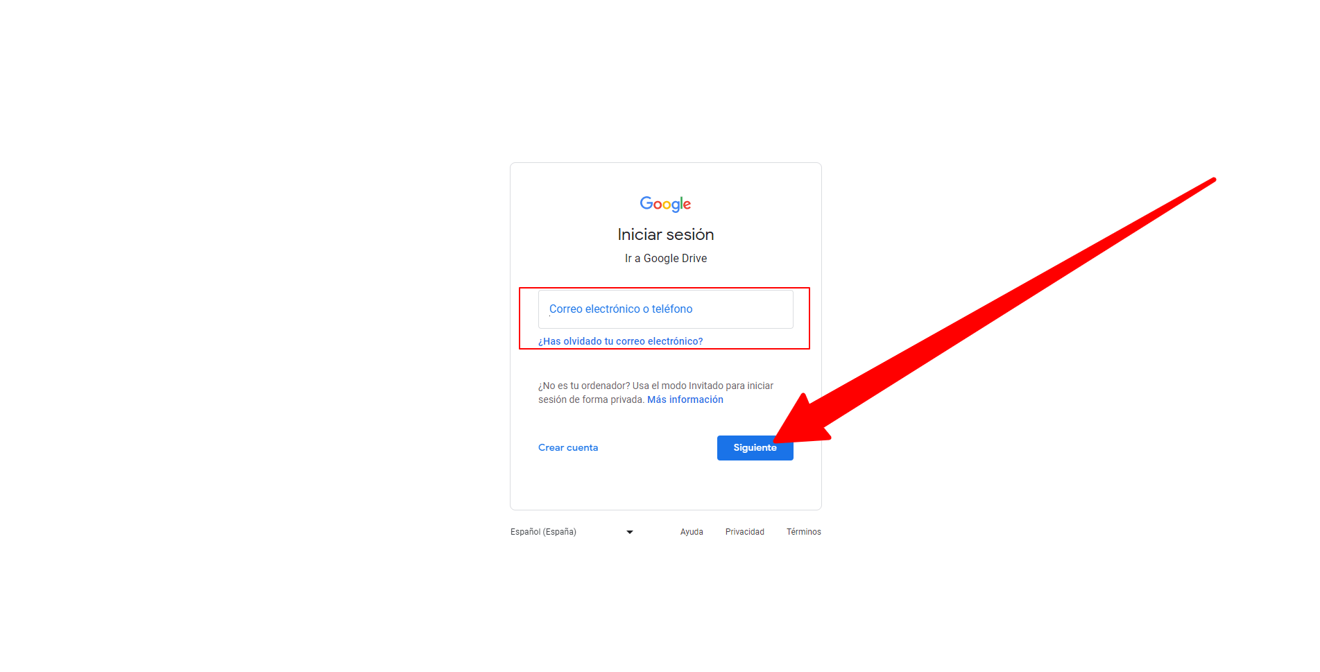Pantalla de inicio de sesión de Google Drive