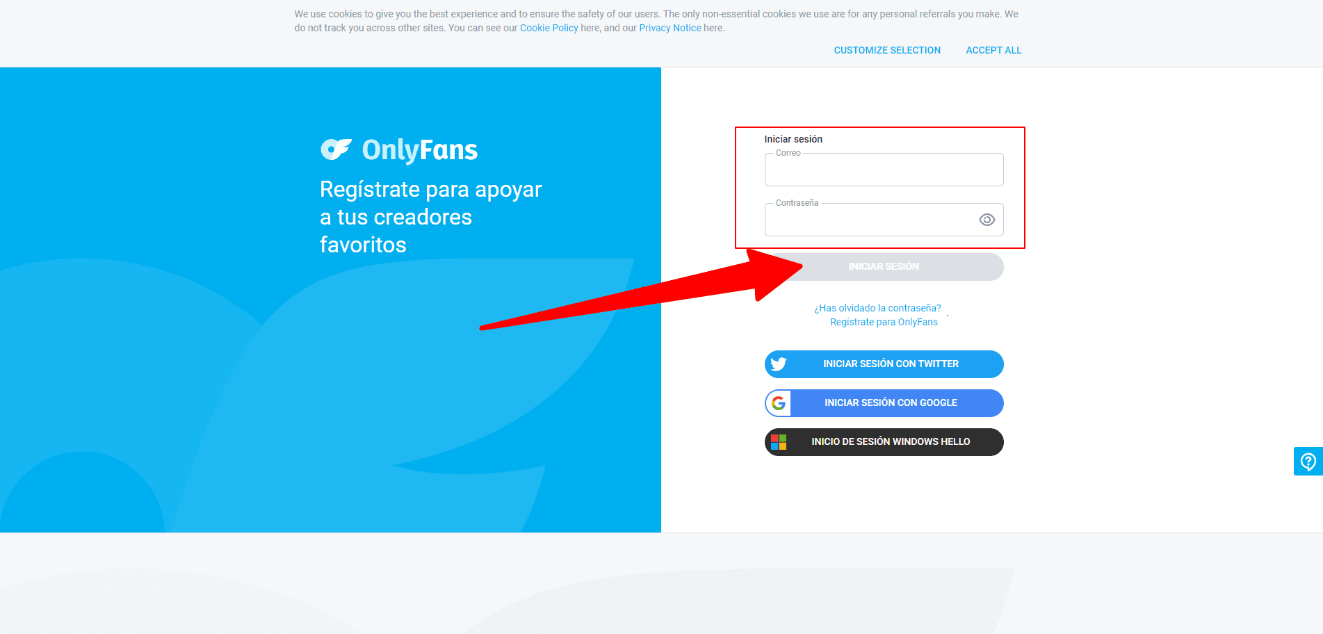 Pantalla de Iniciar Sesión en OnlyFans