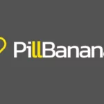 Logotipo de PillBanana con un diseño moderno que incluye una cápsula amarilla y el texto en blanco sobre un fondo gris, representando una marca relacionada con la salud o suplementos.